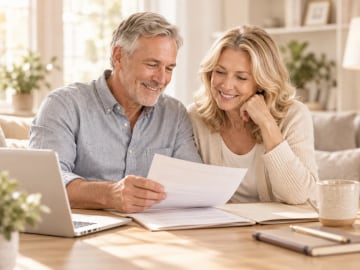 A smiling older couple reviewing documents together at a table with a laptop