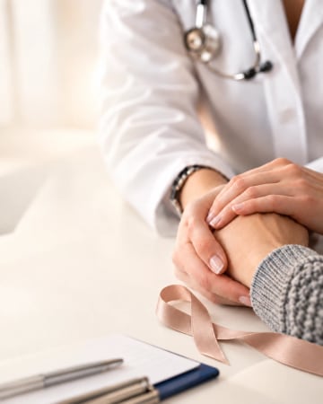 A doctor holding a patient’s hands beside a soft pink awareness ribbon