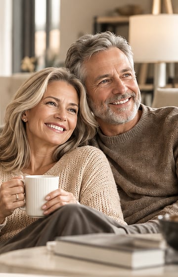 A smiling older couple relaxing together at home