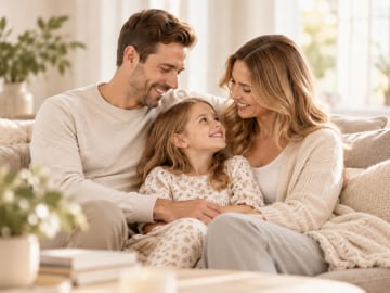 A mother, father, and young daughter smiling at each other on a cozy sofa