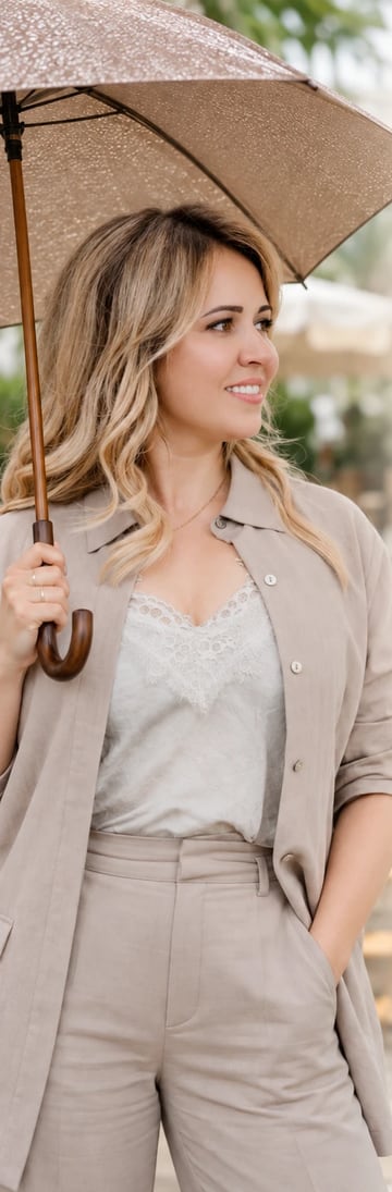 Maryam Kasimova holding an umbrella, smiling