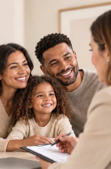A smiling family reviewing health plan options together at a table
