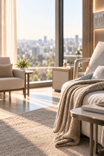 A calm, sunlit room with a soft knit blanket draped over a chair and a city view