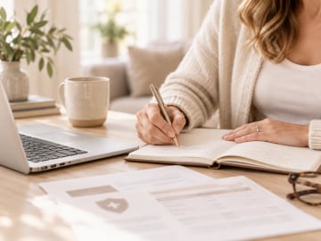 A woman taking notes in a notebook beside a laptop, a coffee mug, and health plan documents