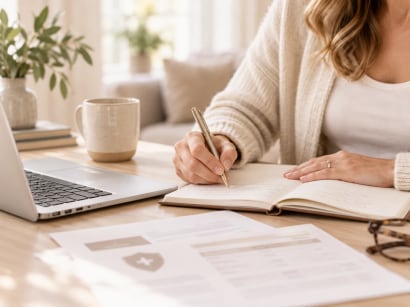 A woman taking notes in a notebook beside a laptop, a coffee mug, and health plan documents