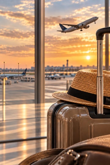A suitcase and straw hat at an airport window as a plane takes off at sunset